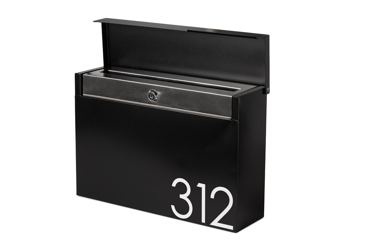 Modern Locking Mailbox: Black Powder Coated Aluminum, Wall Mount