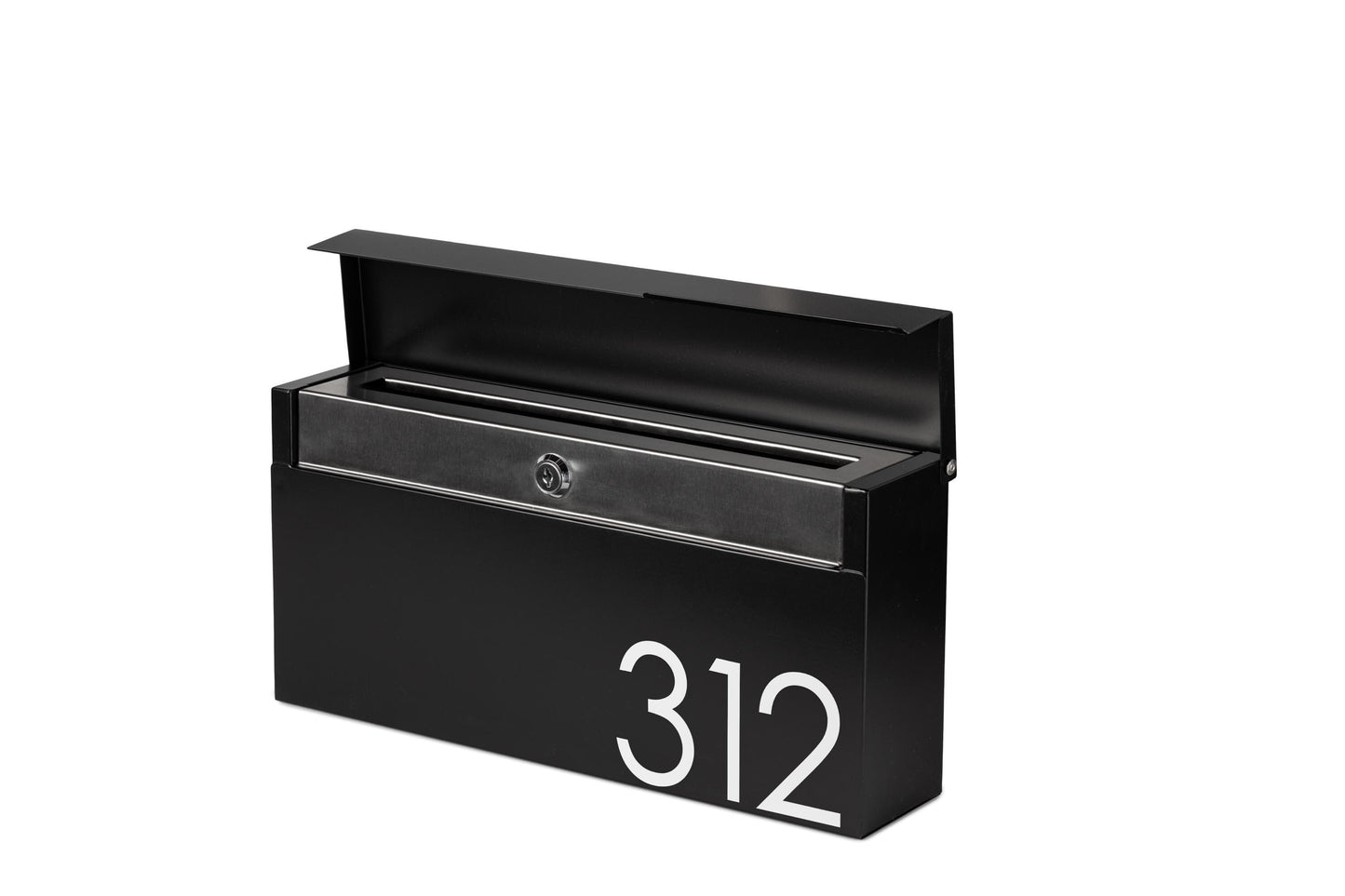 Modern Locking Mailbox: Black Powder Coated Aluminum, Wall Mount