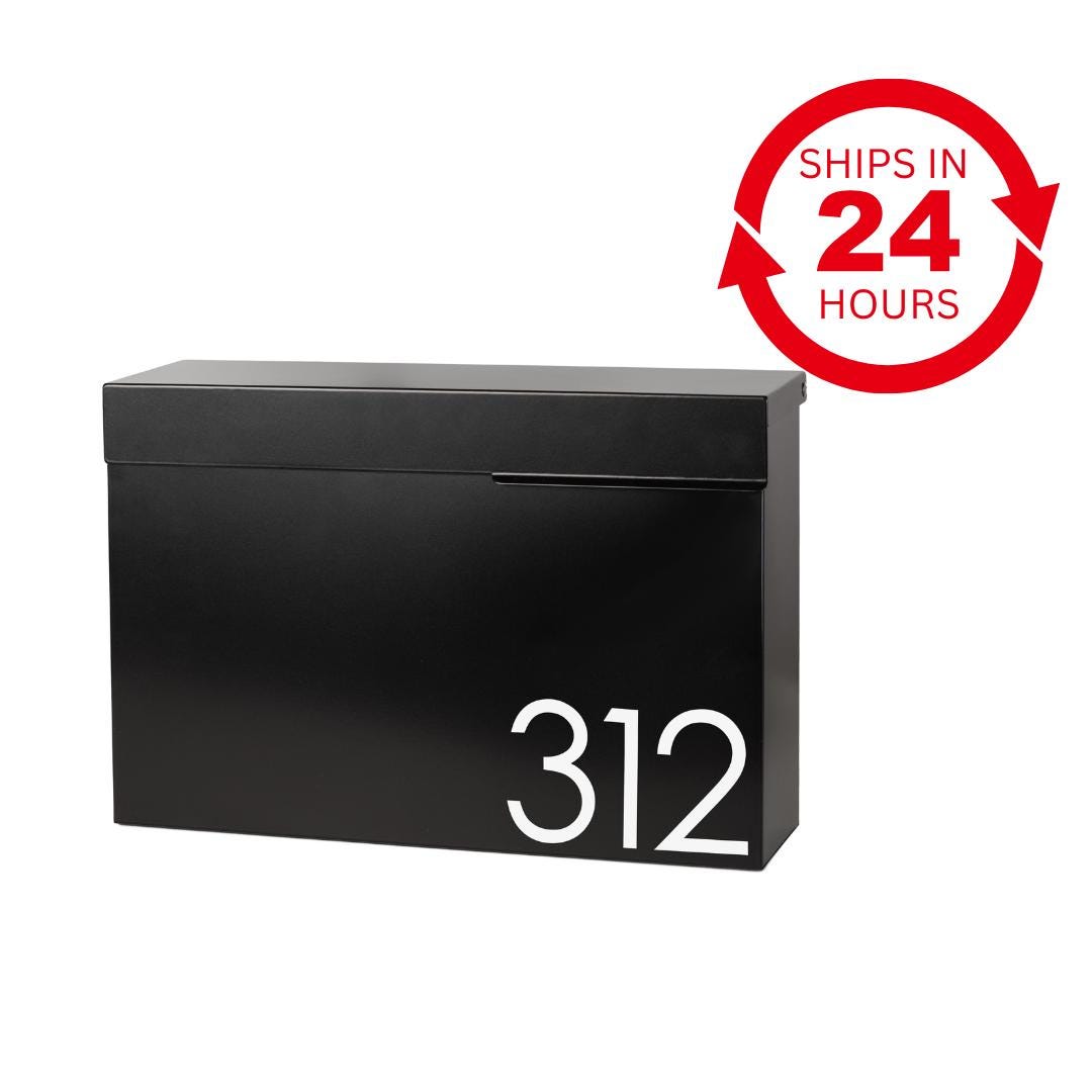 Modern Locking Mailbox: Black Powder Coated Aluminum, Wall Mount