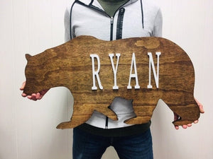 Xl BEAR Adorable Woodland Nursery Name Sign with Bear Design, Ideal Baby Boy Gift Rustic Decor Accent, Customizable Bear Nursery Name Sign
