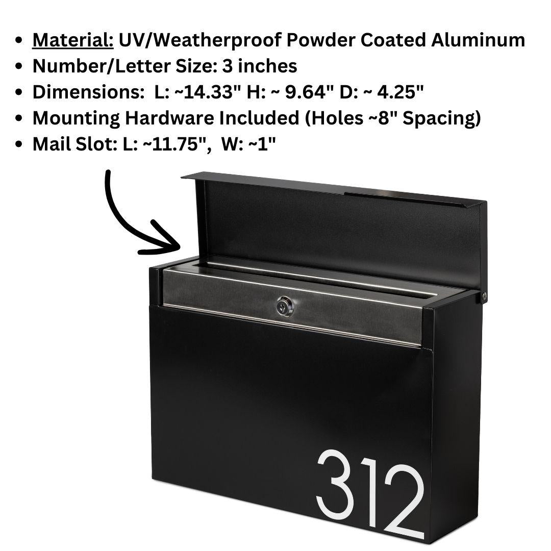 Modern Locking Mailbox: Black Aluminum Wall Mount with Numbers