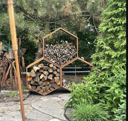 Modern Hex Firewood Holder – Stylish Outdoor Wood Storage - Sycamore