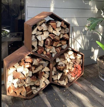 Modern Hex Firewood Holder – Stylish Outdoor Wood Storage - Sycamore