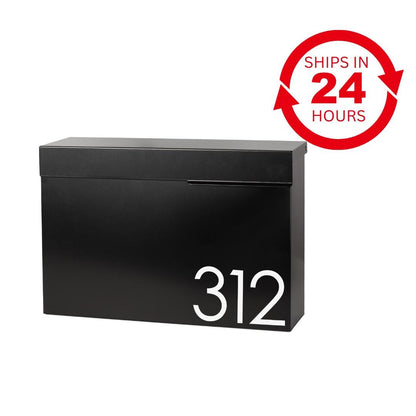 Modern Locking Mailbox: Black Powder Coated Aluminum, Wall Mount