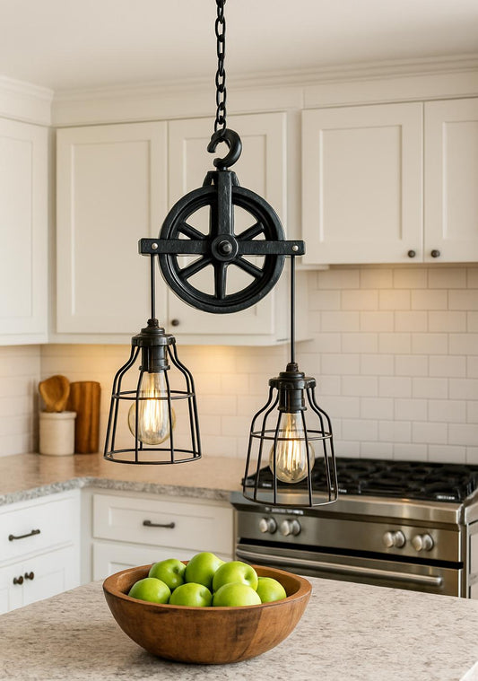 UL LISTED Farmhouse Pulley Light Fixture for Kitchen | Industrial Modern Hanging Lamp