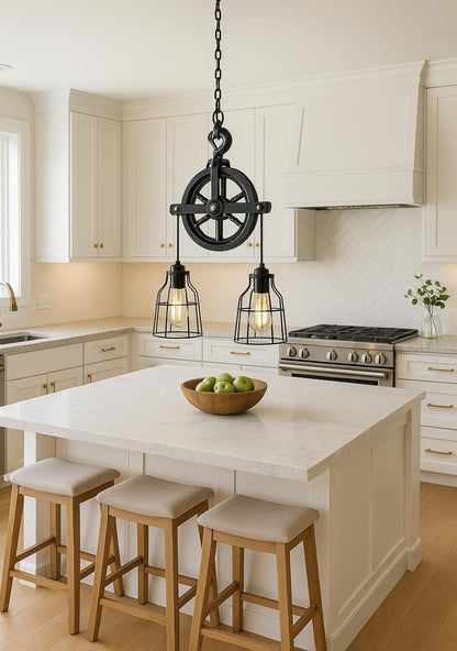 UL LISTED Farmhouse Pulley Light Fixture for Kitchen | Industrial Modern Hanging Lamp