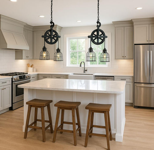 UL LISTED Farmhouse Pulley Light Fixture for Kitchen | Industrial Modern Hanging Lamp