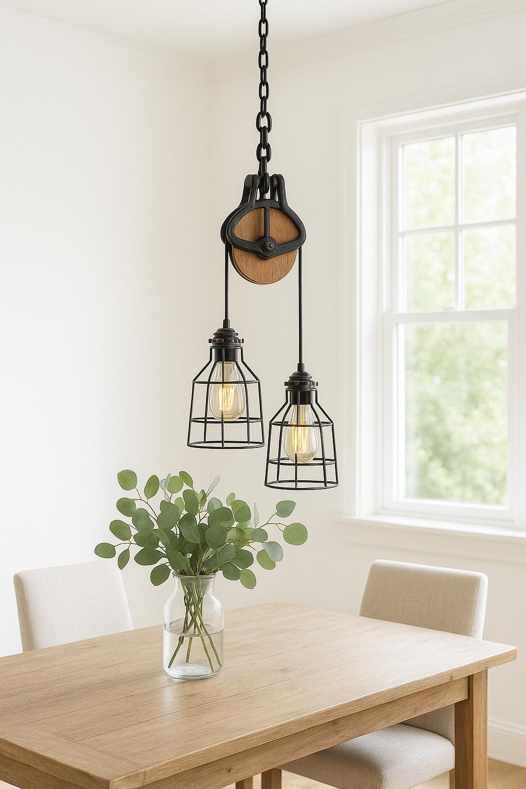 UL LISTED Farmhouse Pulley Light Fixture for Kitchen | Industrial Modern Hanging Lamp