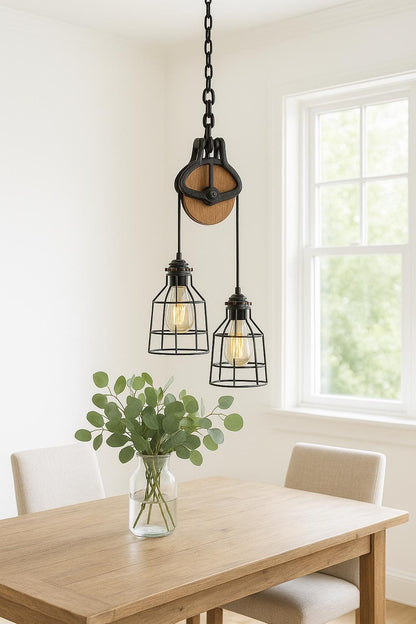 UL LISTED Farmhouse Pulley Light Fixture for Kitchen | Industrial Modern Hanging Lamp