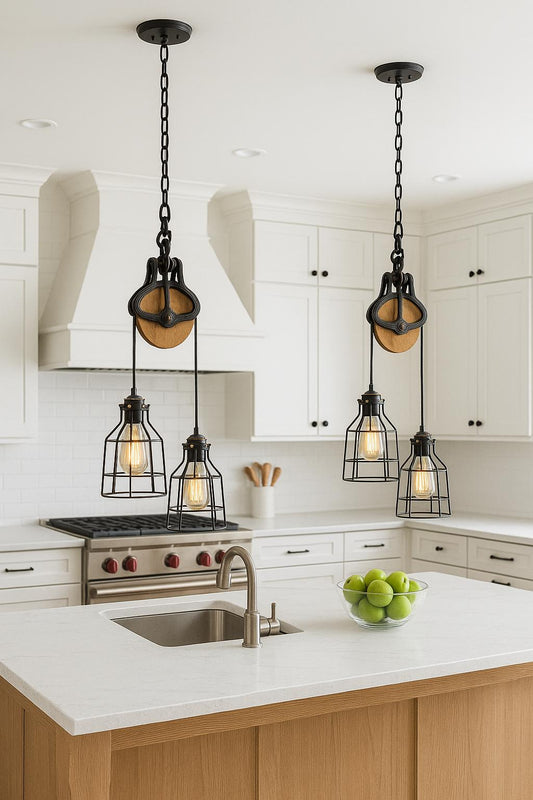 UL LISTED Farmhouse Pulley Light Fixture for Kitchen | Industrial Modern Hanging Lamp