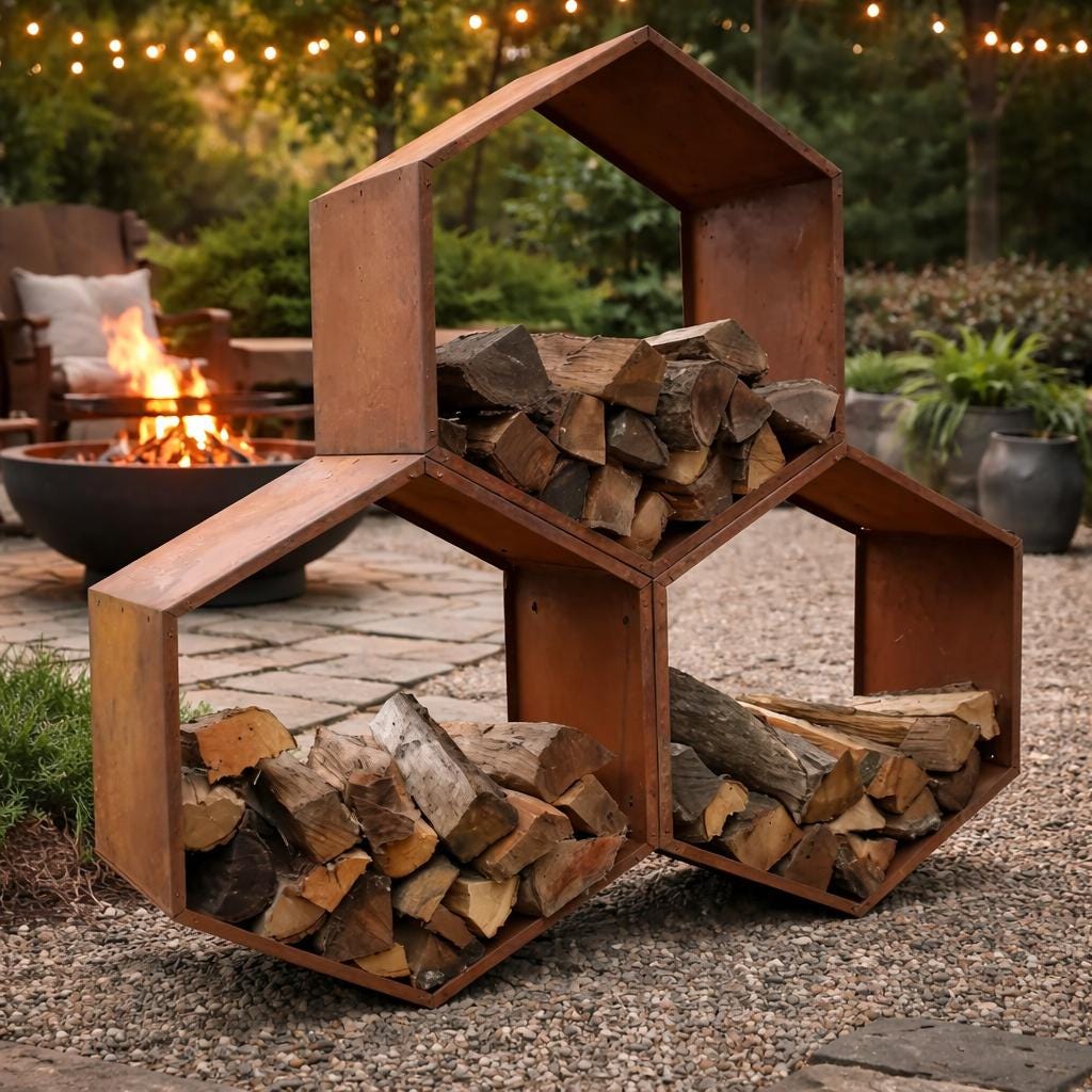 Modern Hex Firewood Holder – Stylish Outdoor Wood Storage - Sycamore