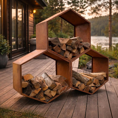 Modern Hex Firewood Holder – Stylish Outdoor Wood Storage - Sycamore